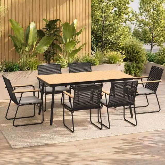 STILVORA 6-Seater Modern Garden Dining Set with Cushions in Natural Wood and Black