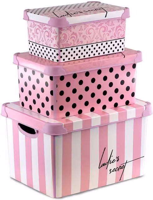 The Magic Toy Shop Set of 3 Nesting Stackable Storage Boxes with Lids and Handles in Pink and Multicolour