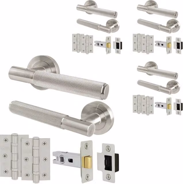 AFIT Satin Nickel Knurled Rose Door Handles and Latch Kit with Hinges, 4 Pairs, Silver, Size: 150 x 150 mm – 1