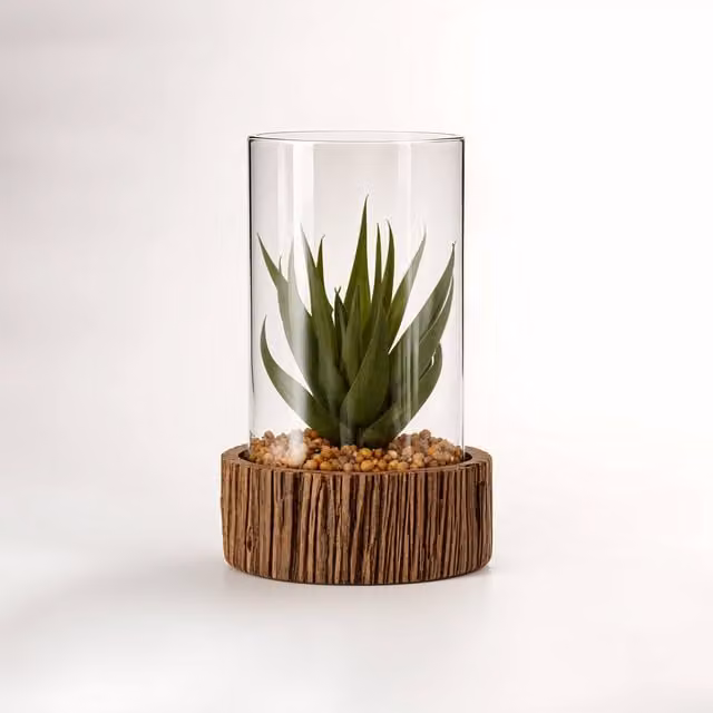 Fiori Small Green Succulent in a Round Transparent Glass and Stone Pot