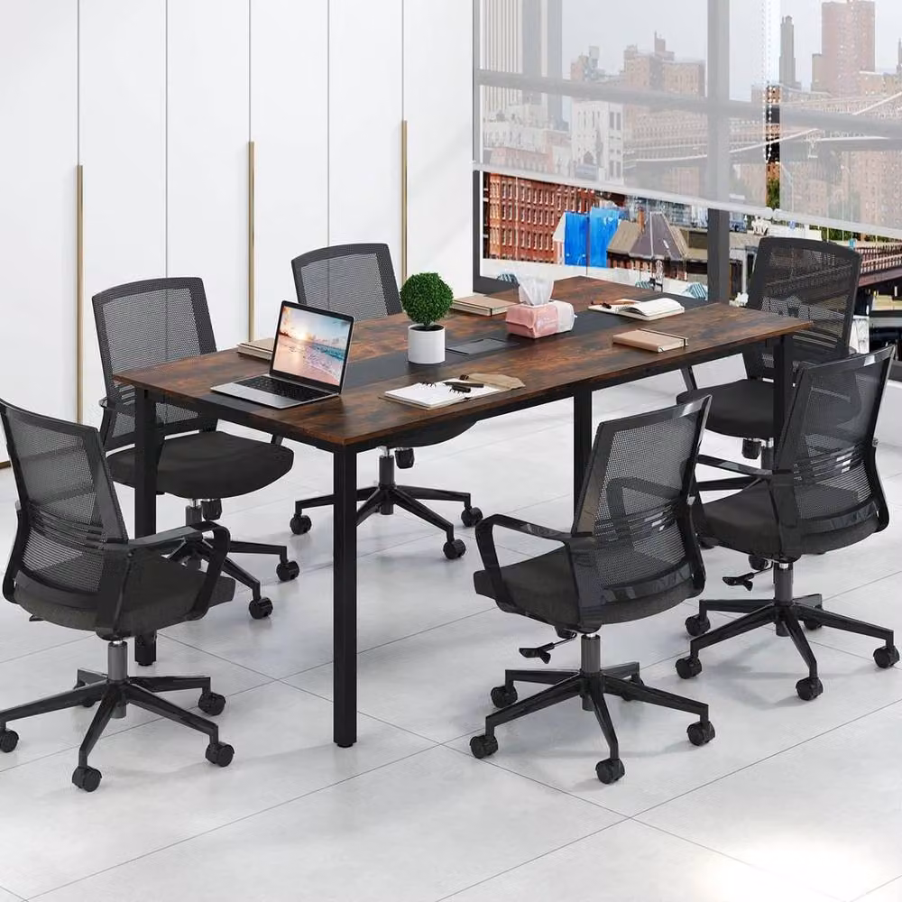 FORGEVIO Industrial Rectangular Meeting Table in Brown with Grommet for Home Office – 3