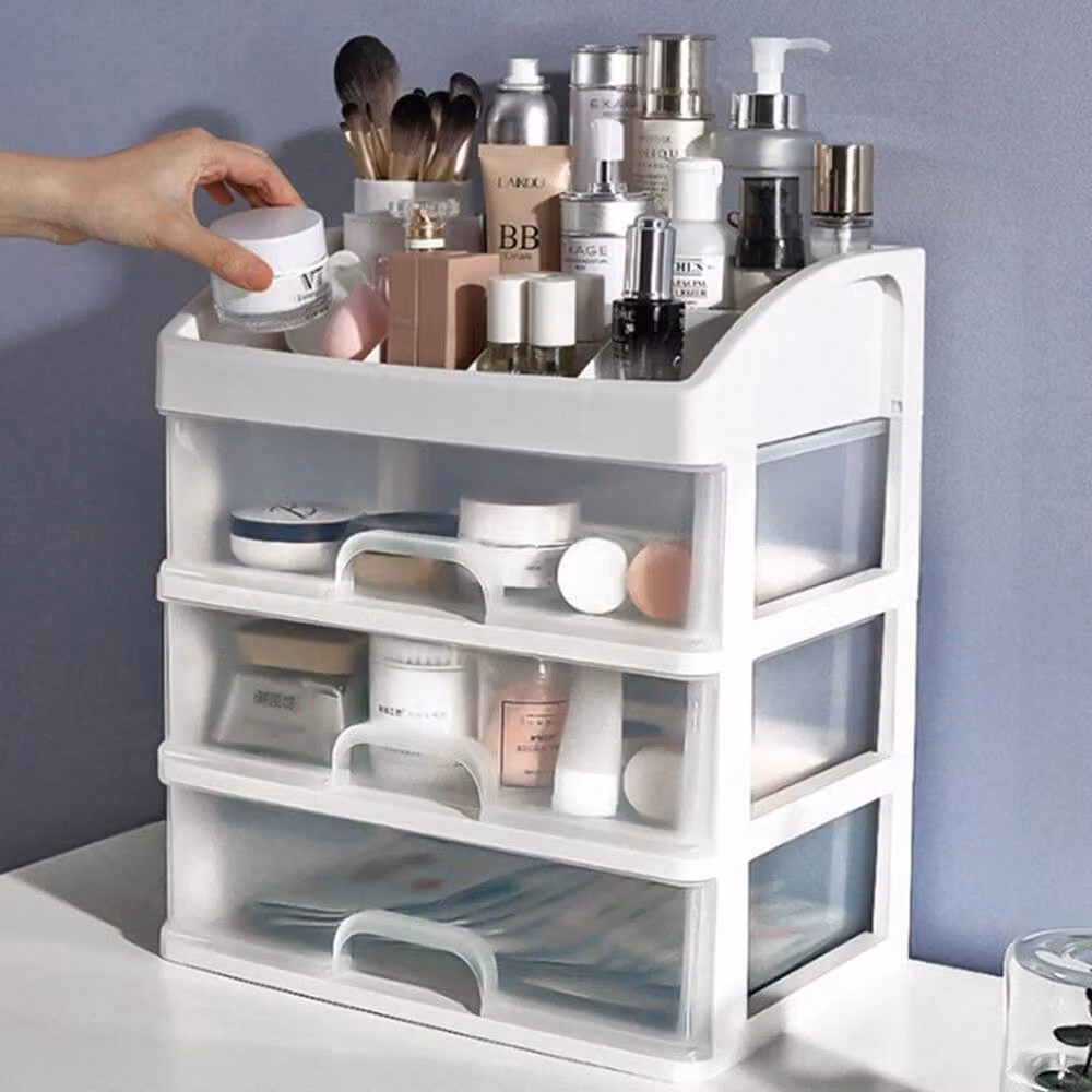 FLAVORA 3 Tier Tabletop Cosmetic Makeup Organiser with Drawers in Transparent Plastic – 2