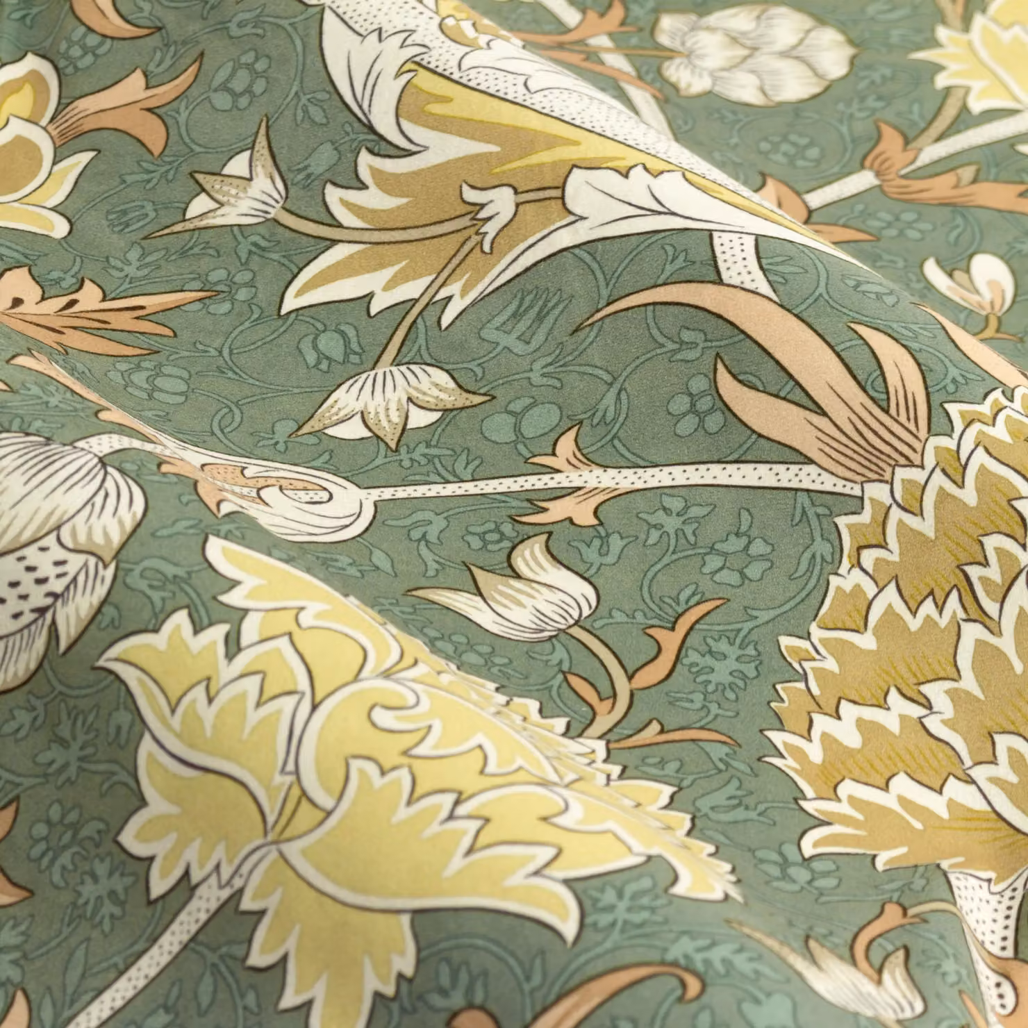 Morris & Co Cray Floral Velvet Pencil Pleat Curtains in Green, Width: 168 cm, Drop: 183 cm – 4