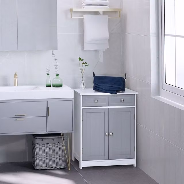 Kleankin Freestanding White Bathroom Floor Storage Cabinet with 2 Drawers and Hinged Doors – 1