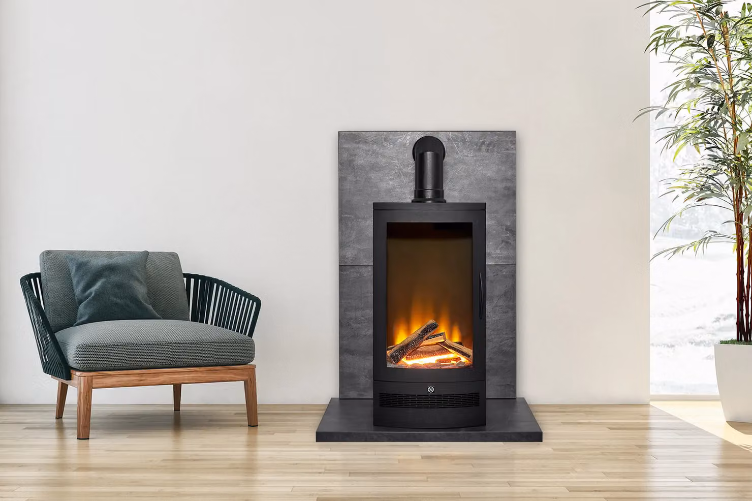 Acantha Tile and Hearth Set in Slate Effect with Horizon Stove and Angled Pipe in Black – 2