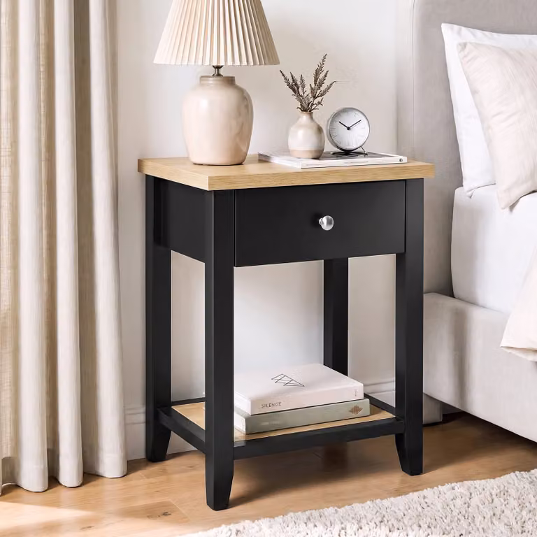DHS Shaker bedside table with drawer and open shelf in black and brown, W/D/H: 40 x 60 x 45 cm