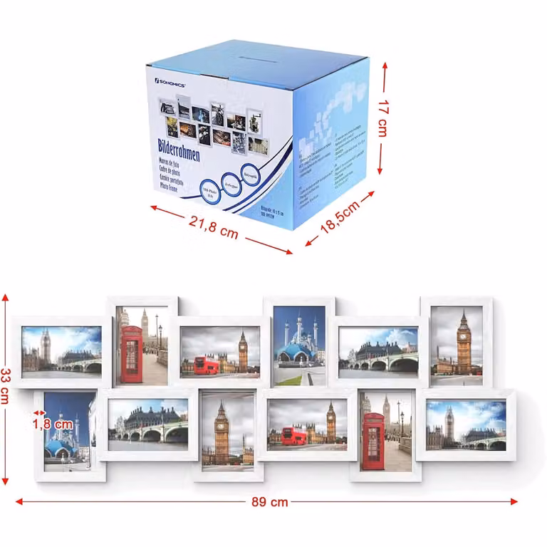 SONGMICS Wall Photo Frame Set in White, Multi-Piece Rectangular Image Gallery Display with Glass and Wood