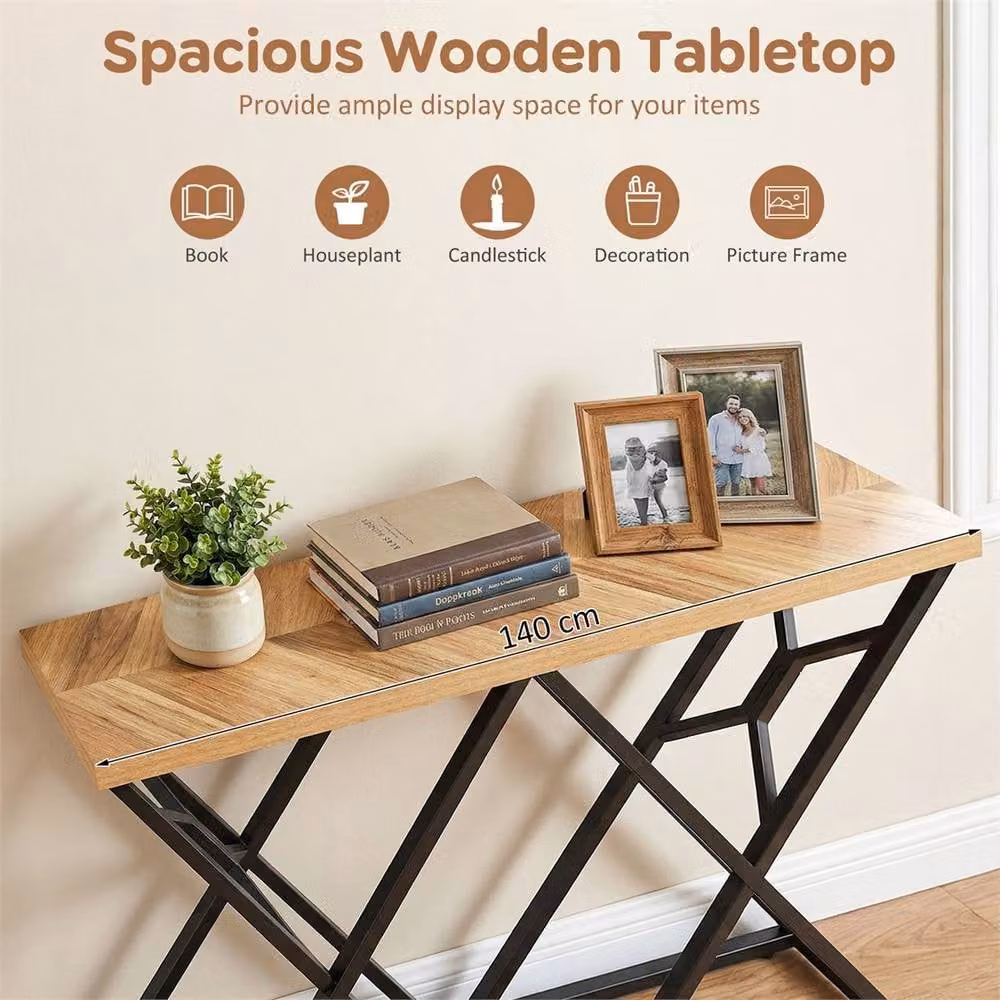 FORGEVIO Industrial Geometric Console Table in Black and Natural Wood, Width: 140 cm – 2