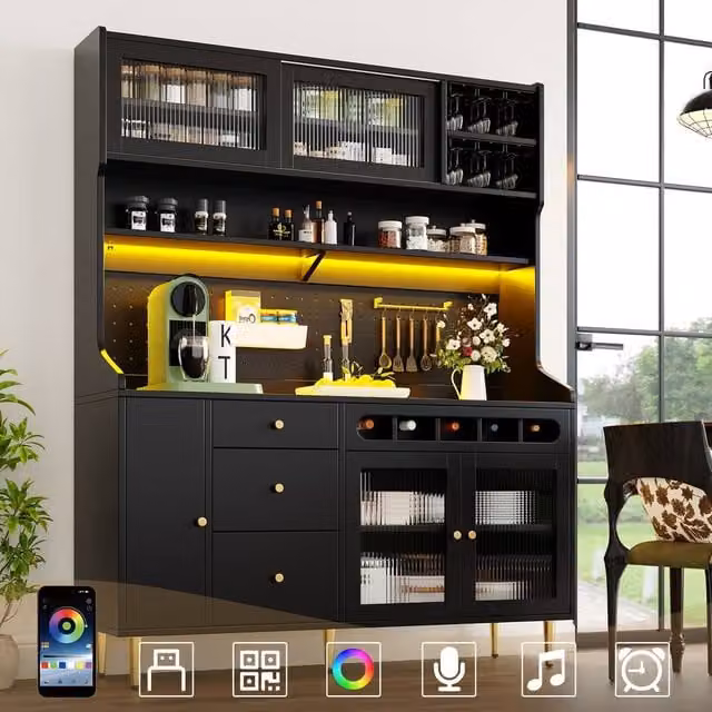 ModernLuxe Black Matt Kitchen Tall Unit with Glass Doors, Integrated Lighting and 3 Internal Drawers, H 188 x W 40 x D 40 cm