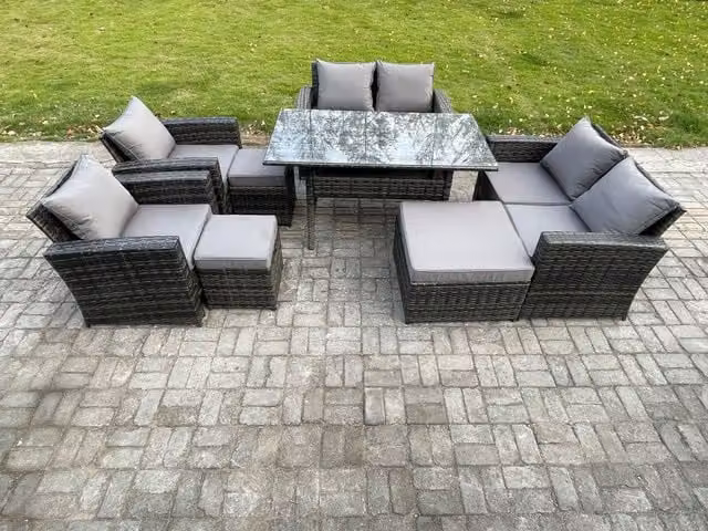 Fimous 8 Piece Rattan Garden Furniture Set with 3 Footstools in Dark Grey Mixed
