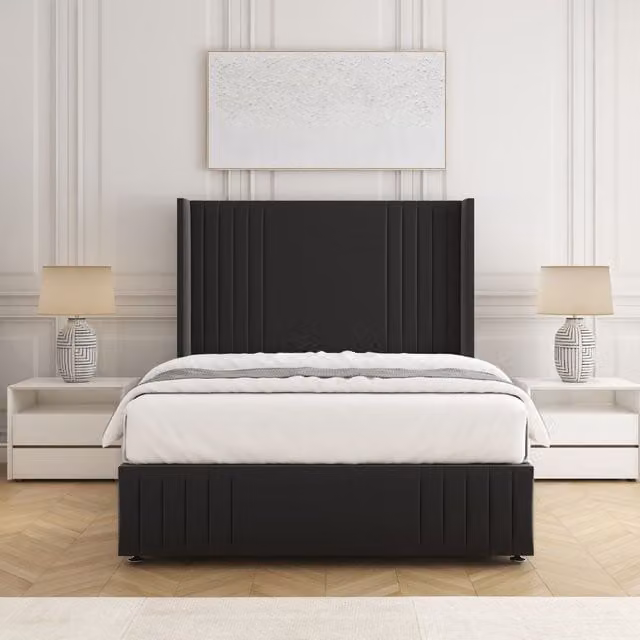 BSSPOKE Peyton King Size Divan Bed Set with 54 inch Headboard and Mattress in Black Plush Velvet, W/D/H: 180 x 200 cm