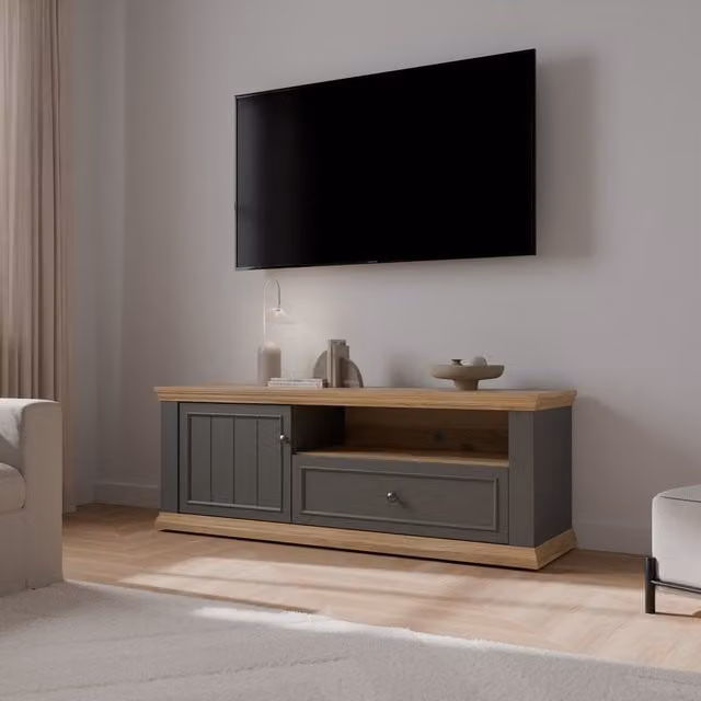 Furniture To Go Pontypool TV Unit with Drawer and Open Shelf in Grey and White Wood