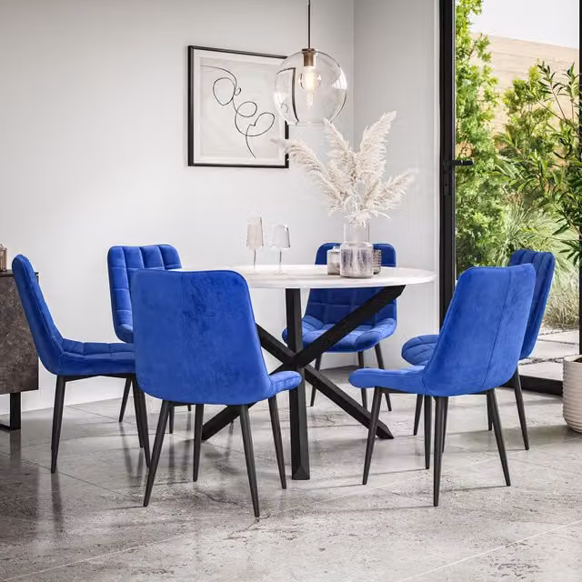 More4Homes Malvern Round Dining Table and 6 Nova Blue Velvet Dining Chairs Set with Marble Top and Black Oak Legs, Diameter: 120 cm, Height: 75 cm