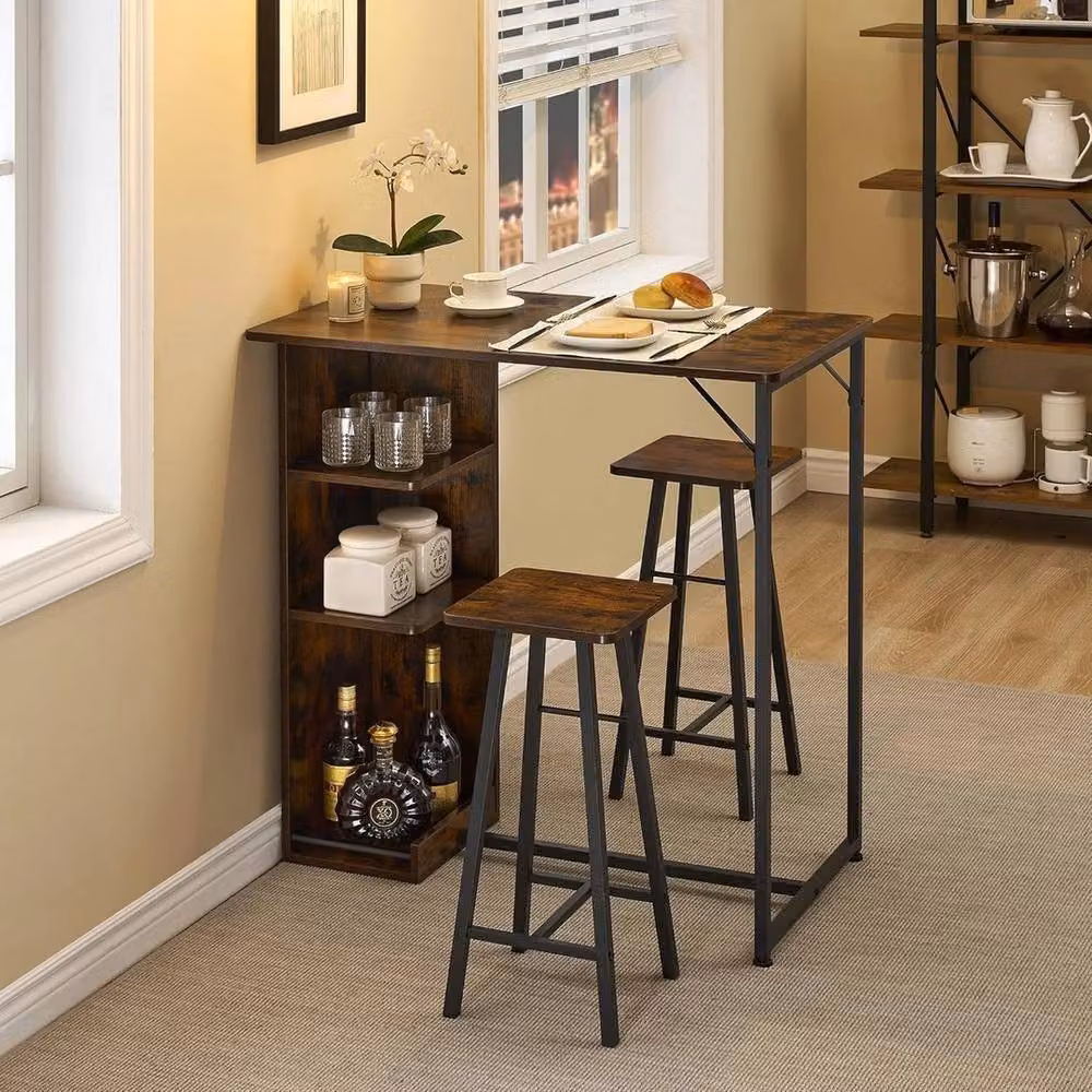 VOGREX 3-Piece Dining Table Set with 2 Stools and Storage Shelves in Brown – 4