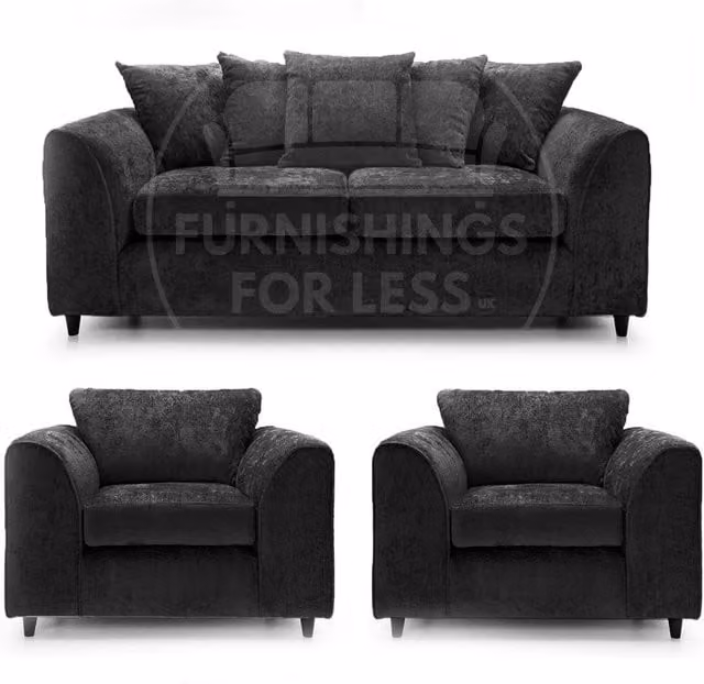 Furnishings For Less UK Monaco 3 Piece Chenille Fabric Sofa Suite in Black, including 3 Seater Sofa and 2 Armchairs