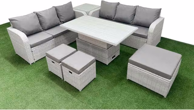 Fimous 9 Seater Wicker Rattan Garden Sofa Set with Lifting Dining Table in Light Grey and Dark Grey