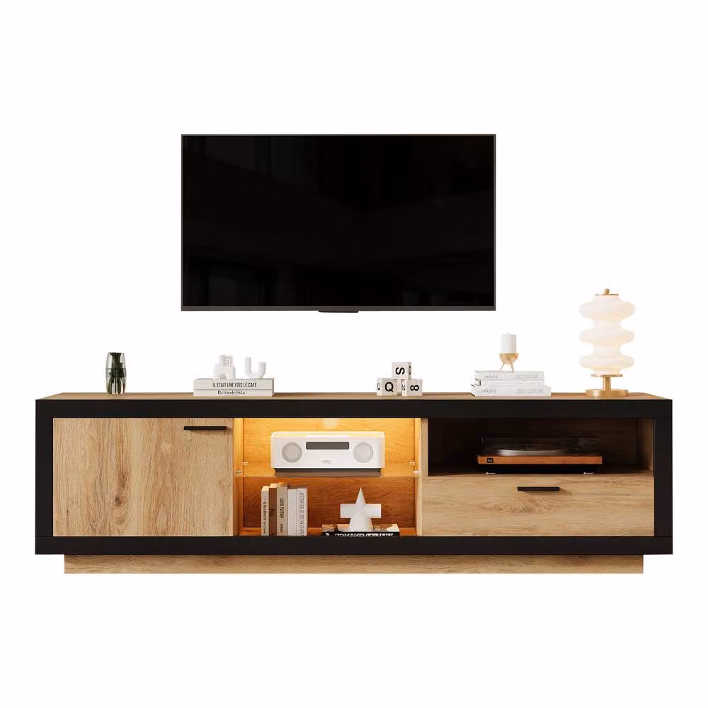 BTM Modern LED TV Stand with Drawer, Door and Open Shelves in Brown and Black, W/D/H: 160 x 40 x 50 cm – 6