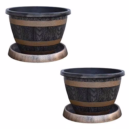 Thompson & Morgan Wooden Barrel Effect Garden Patio Planter with Saucer, Brown, Diameter: 39 cm – 1