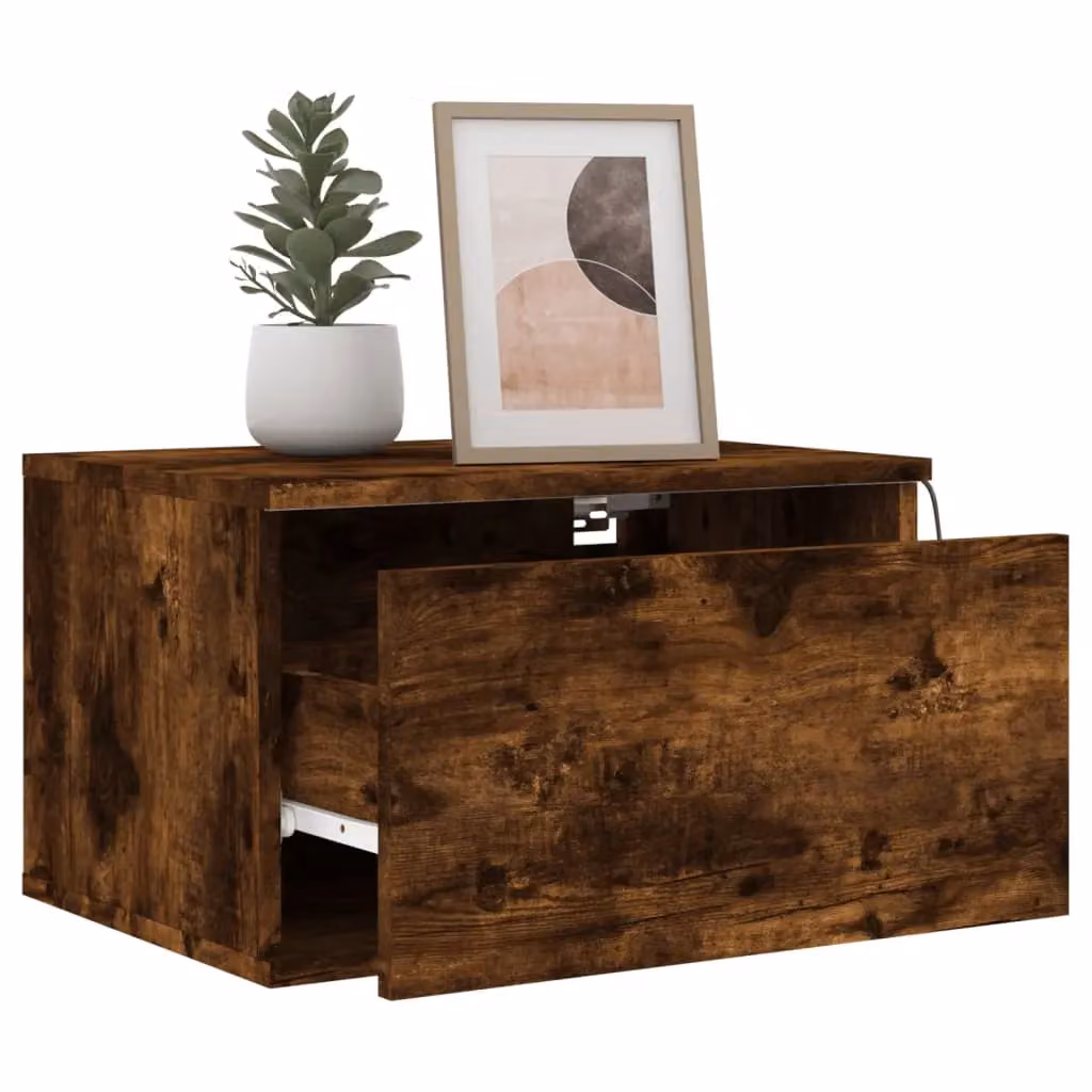 Berkfield Home Set of 2 Wall-mounted Bedside Cabinets with Integrated LED Lights in Smoked Oak Brown – 2