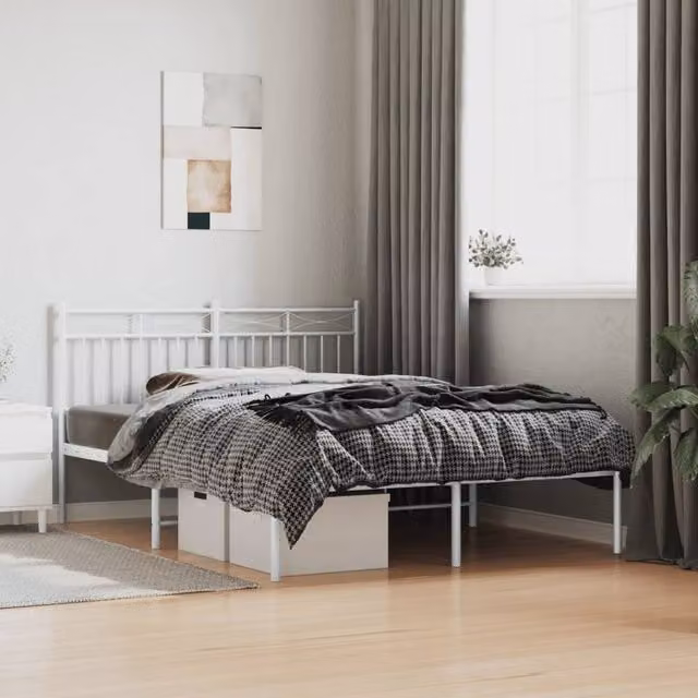 Berkfield Home Metal Bed Frame with Headboard in White, W: 135 cm x L: 190 cm – 1