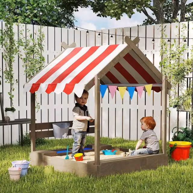 Outsunny Sandpit House with Canopy, Blackboard, Sink and Seats in Grey