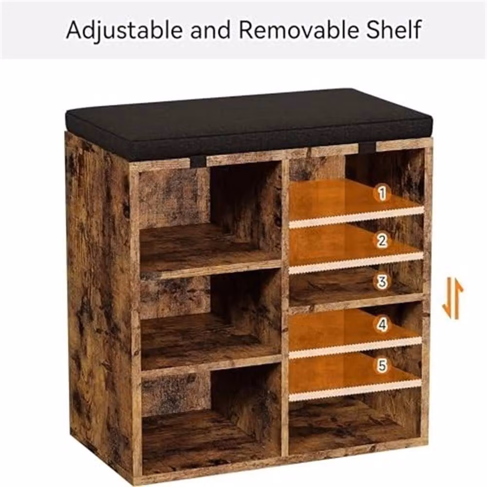 FORGEVIO Brown Industrial Wood Shoe Storage Bench and Rack with Cushion and Adjustable Shelves – 4