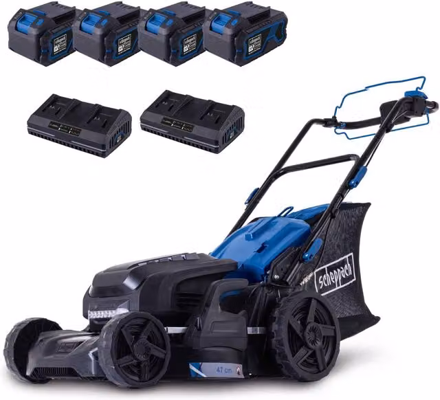 Scheppach BC-MP470-X 47cm Cordless Lawnmower with 4x4Ah Rechargeable Batteries, Blue
