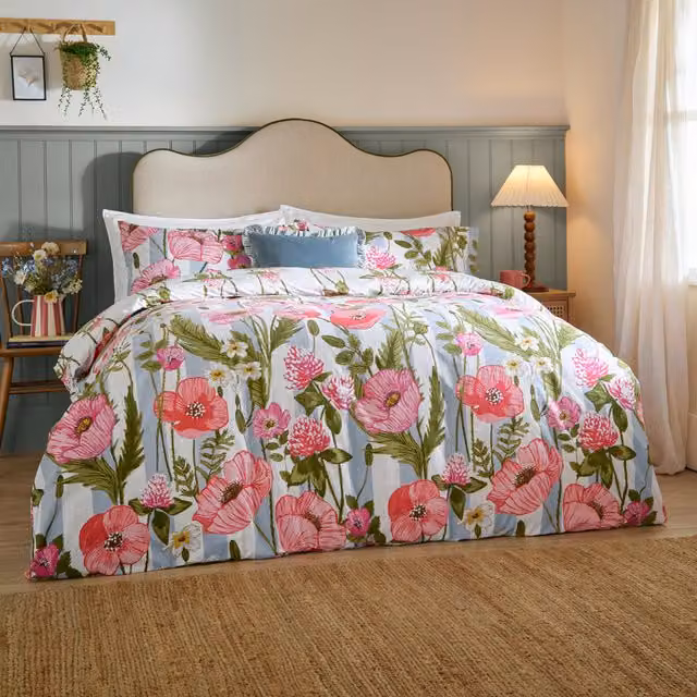 Make it a Home Poppy Trail Reversible Striped Cotton Duvet Cover Set, Multicolour and Pink, W: 200 cm x H: 200 cm