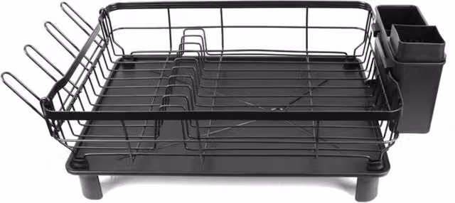 KDMD Black Stainless Steel Dish Drying Rack with Drip Tray, Cutlery Holder and Cup Holder
