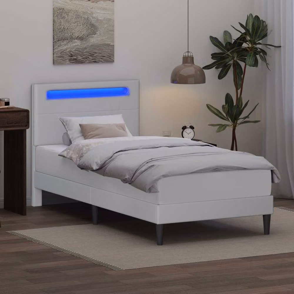Berkfield Home Modern White Faux Leather Bed Frame with Under-Bed LED Strip Lights W/D/H: 90 x 190 cm – 2