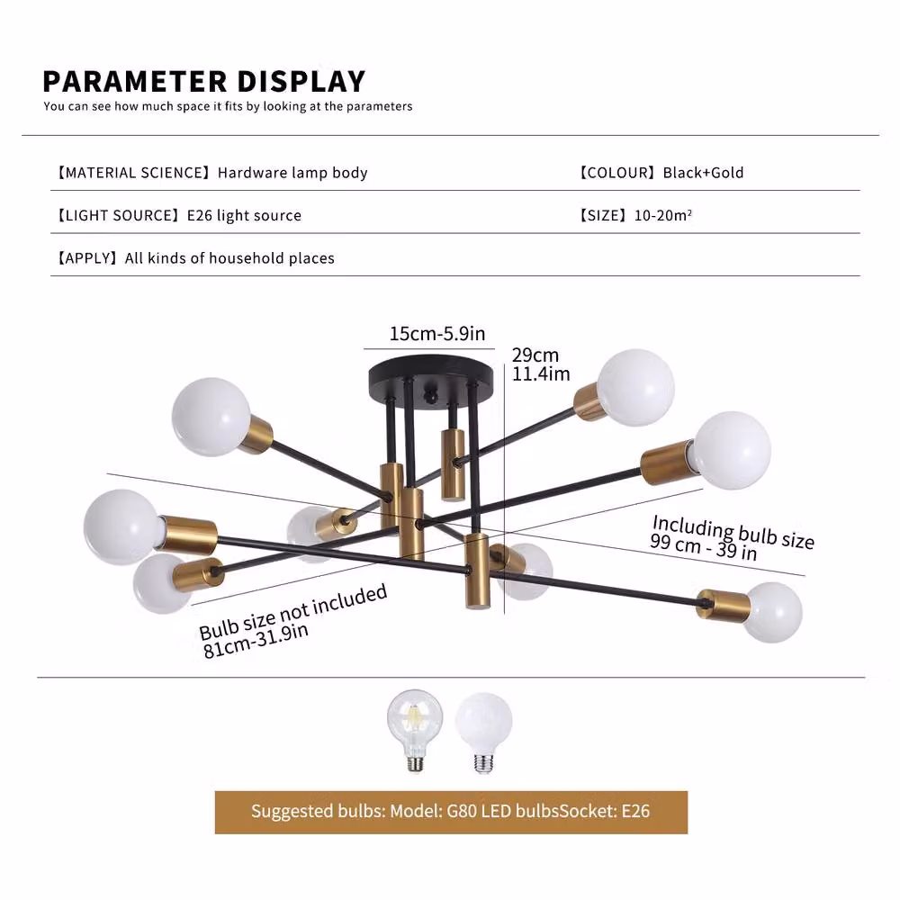 NIVOR 8-Light Sputnik Semi Flush Mount Ceiling Light in Black and Gold/Brass with E27 Bulbs – 2
