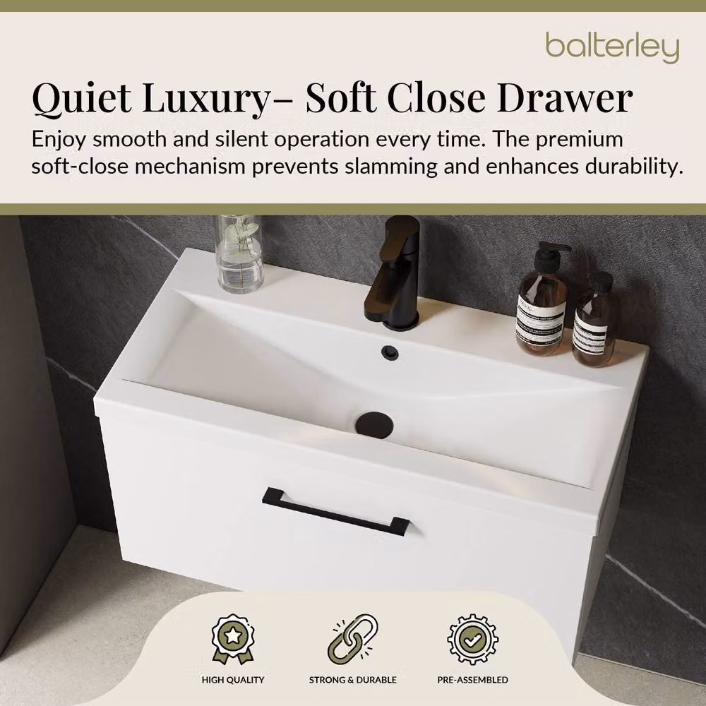 Balterley Gloss White Wall Hung 1 Drawer Vanity Basin Unit with Black Handle, Width: 80 cm – 3