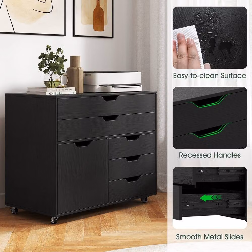 Gymax Mobile Chest of Drawers and Lateral File Cabinet with Printer Stand and Doors in Black – 4
