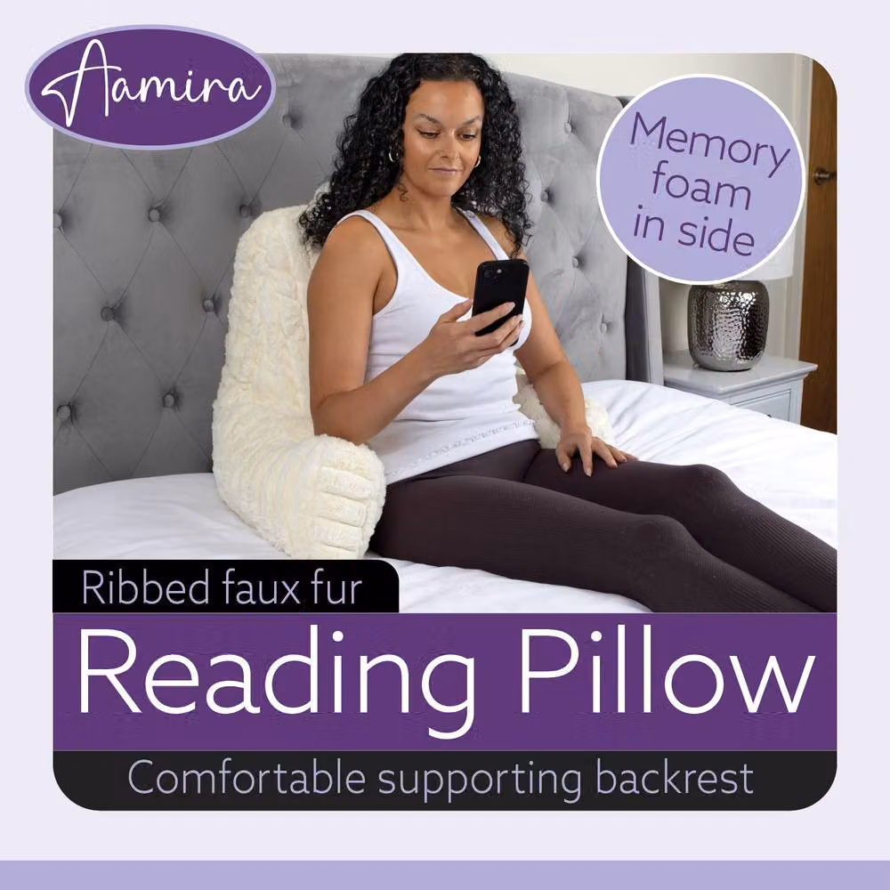 Aamira Beige Faux Fur Ribbed Memory Foam Wedge Reading Pillow Support Cushion – 2