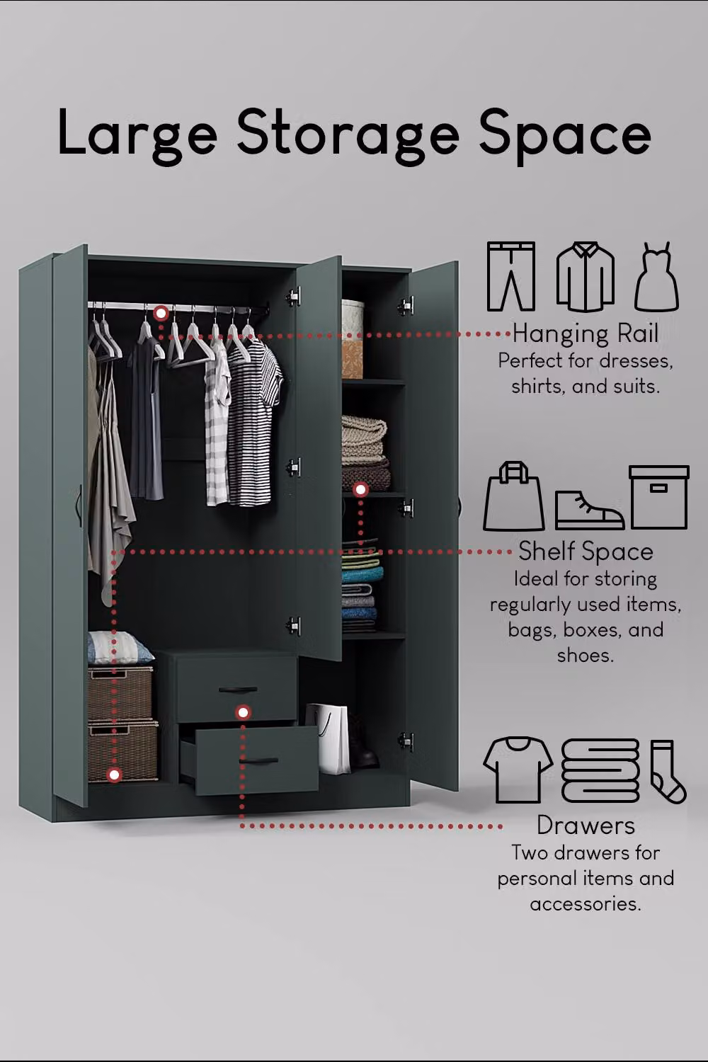 HD Designs Riano 3 Door 2 Drawer Mirrored Wardrobe in Green – 3