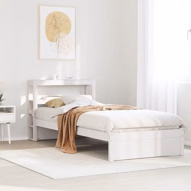 Berkfield Home Small Single Bed Frame with Headboard and Side Compartments in White Rustic Pine Wood, W/D/H: 75 x 190 x 75 cm