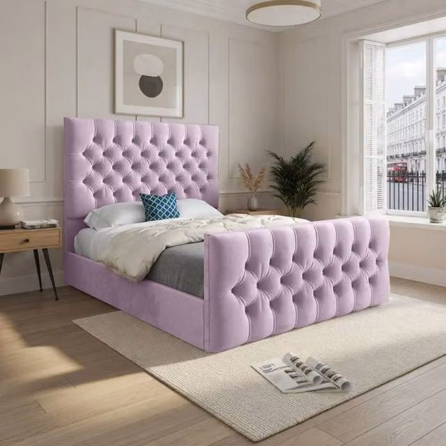 KDMD Rothwell Pink Velvet Upholstered Chesterfield Designer Bed Frame, W: 140 cm x L: 200 cm – 1