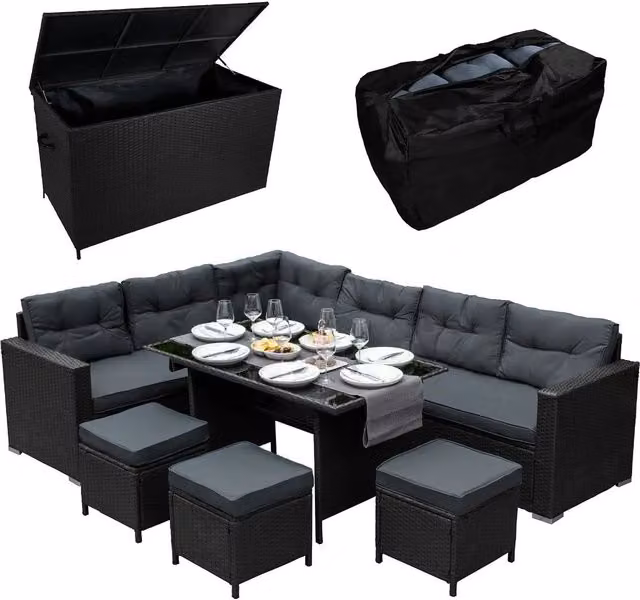 Monstershop Rattan Corner Set and Storage Box in Black and Grey – 1