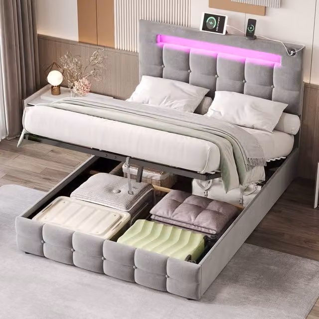 Merax Grey Velvet Upholstered Double Ottoman Bed with LED Lighting and USB Charging Station, W: 140 cm, D: 200 cm