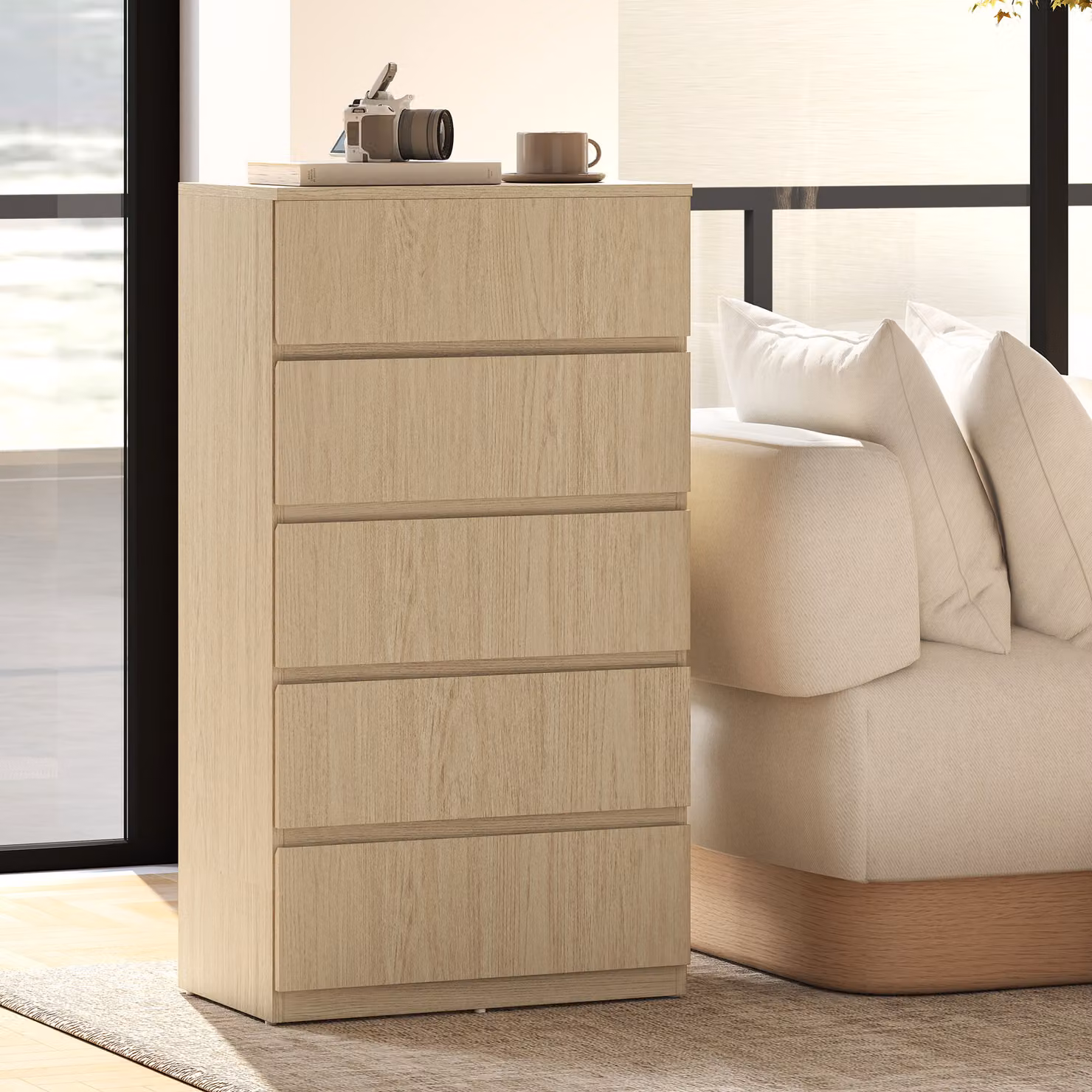 HOMCOM Modern 5-Drawer Chest of Drawers in Beige Matt Metal for your Bedroom – 2