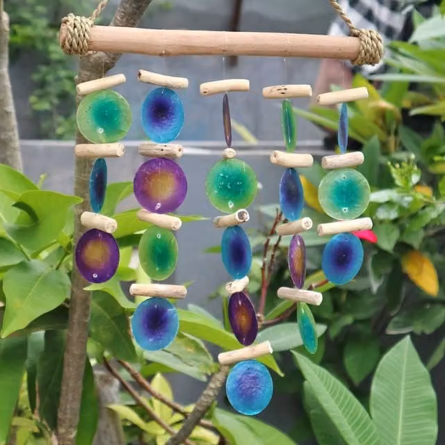 KDMK Handmade Boho Geometric Glass and Wood Hanging Chimes in Green and Multicolour