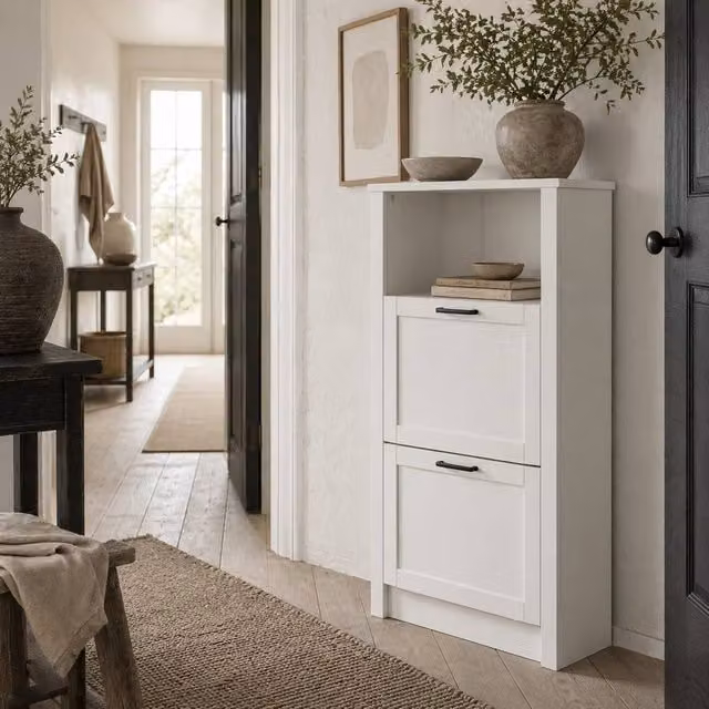Wyld Haus Lisavi Slim White Shoe Cabinet with 2 Tilting Compartments and Open Shelf – 1