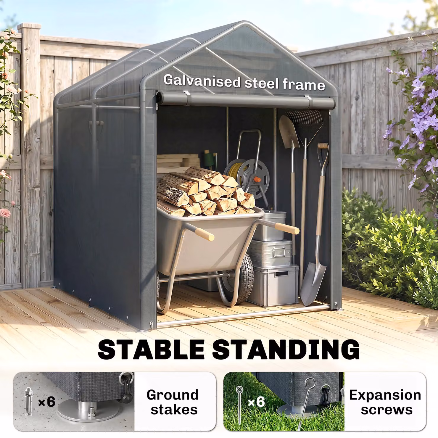 OUTSUNNY Garden Storage Shed Tent with Galvanised Steel Frame and Single Door, Dark Grey, W: 180 cm, D: 120 cm, H: 216 cm – 4