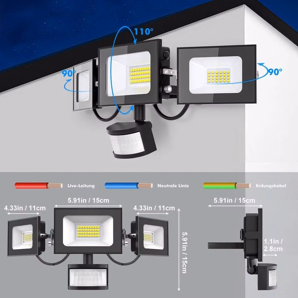 KORVIXA 100W 3 Head LED Security Floodlight with PIR Motion Sensor and Remote Control in Black – 2
