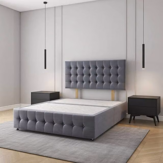 Regional Furnishings Small Double Upholstered Velvet Divan Bed Base in Grey, W/D/H: 120 x 200 cm
