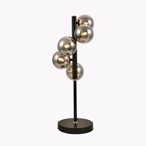 Ruma Retro Art Deco Table Lamp with Black Metal Base and Grey Transparent Glass Sphere – 2