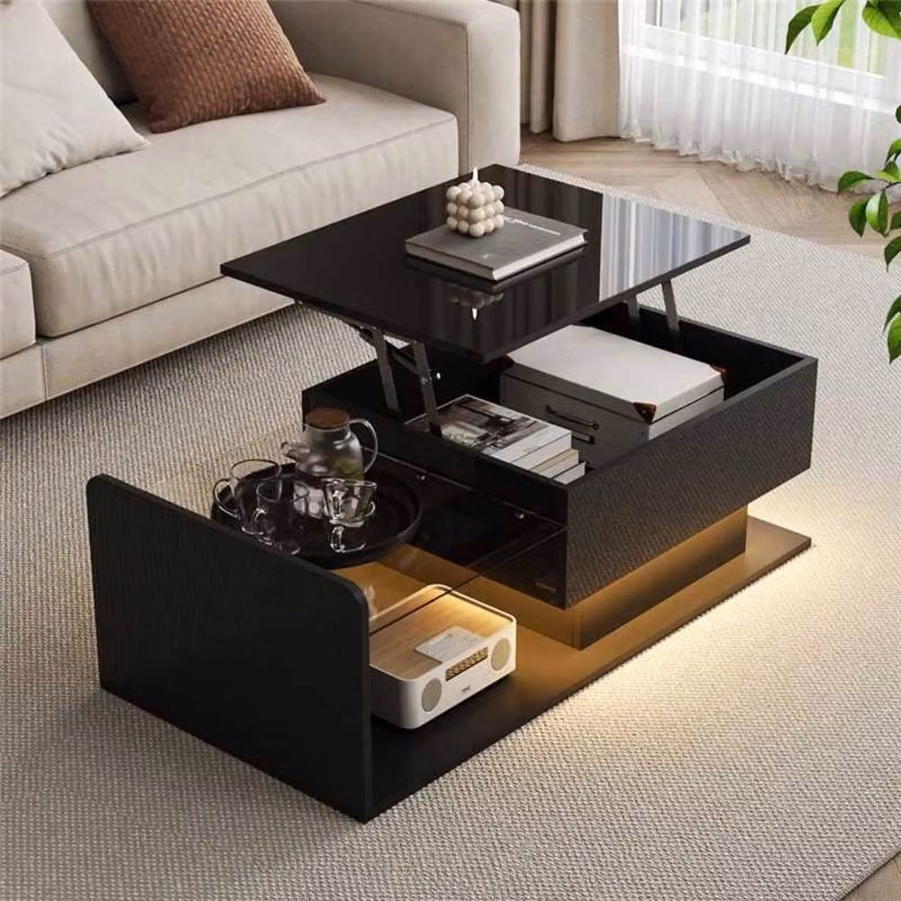 KORVIXA Modern Glossy Black Square Coffee Table with Glass Top and Height Adjustable Lift Mechanism W/D/H: 50 x 50 x 33 cm – 4