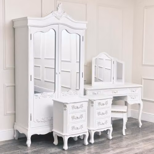 Melody Maison Pays Blanc Range Large Double Wardrobe, Dressing Table Set and Pair of 3 Drawer Bedside Tables in White and Gold
