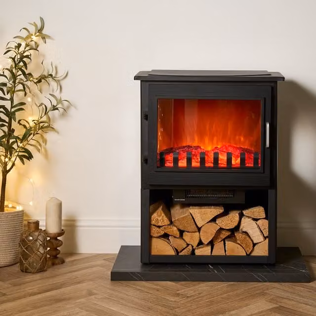 Sureflame Marlow 3-Sided Electric Floor Stove with Log Storage in Black