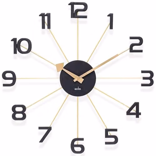 Acctim Astraea Mid Century Modern Quartz Wall Clock in Black and Brass with Metal Spoke Design, Diameter: 50 cm